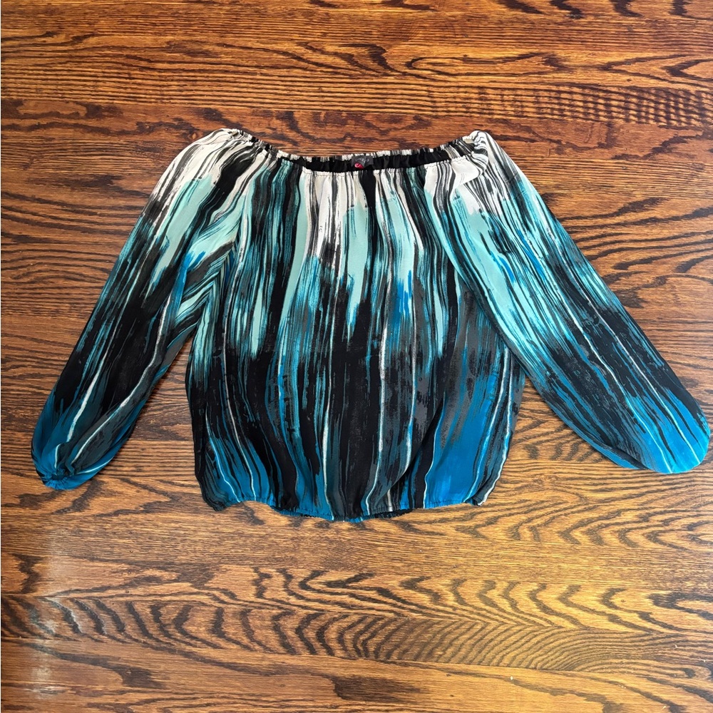 Vince Camuto Off the Shoulder Top, Blue, Black, Green and White pattern top